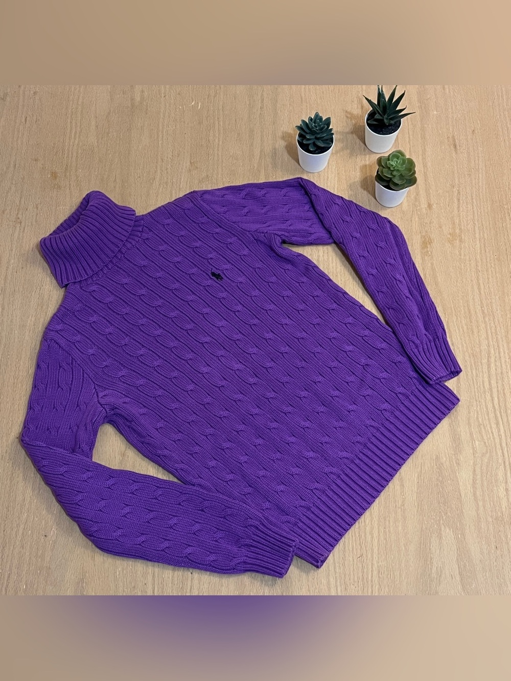 Ralph Lauren Sport Cable Knit 100% Cotton Purple Turtleneck Sweater
